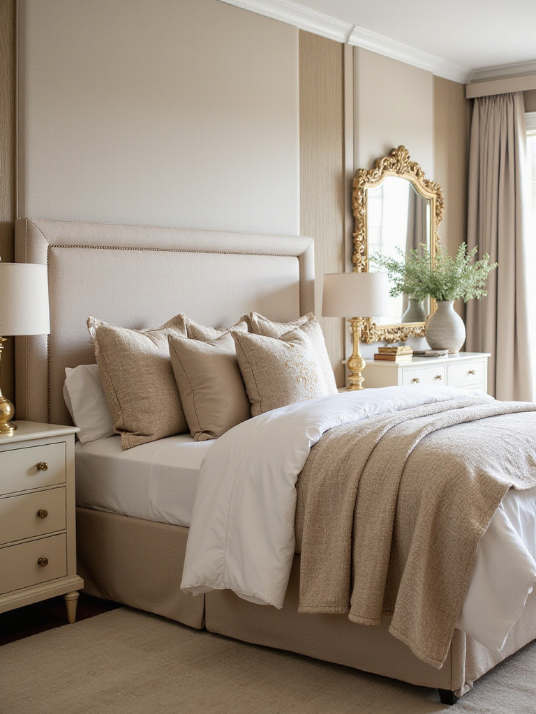 Luxurious beige bedroom with gold and brass accents.