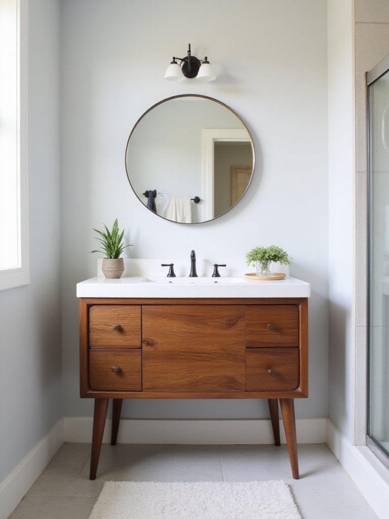 Mid-Century Modern walnut vanity with white countertop in a modern bathroom.