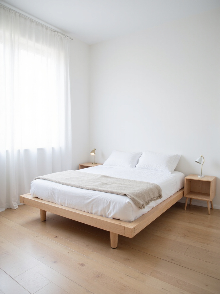 Small bedroom with minimalist light wood platform bed frame