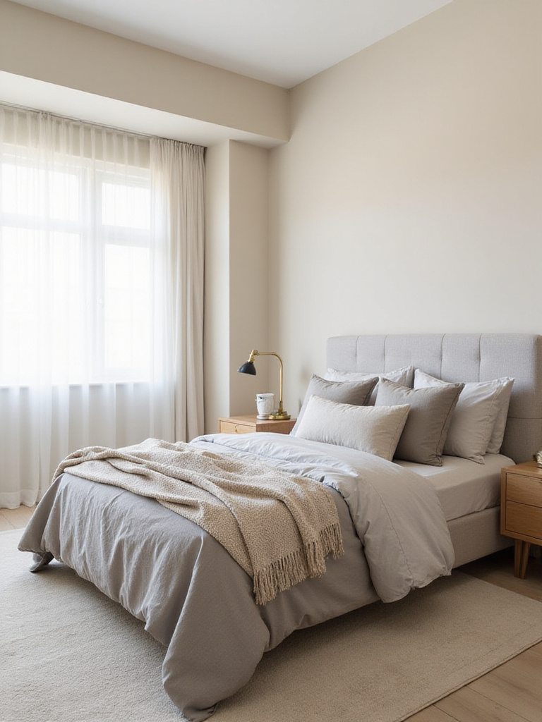 Beige and grey bedroom with linen bedding and natural light