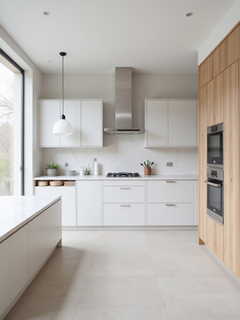 Clean and modern minimalist kitchen design with white cabinets, quartz countertops, and integrated appliances.