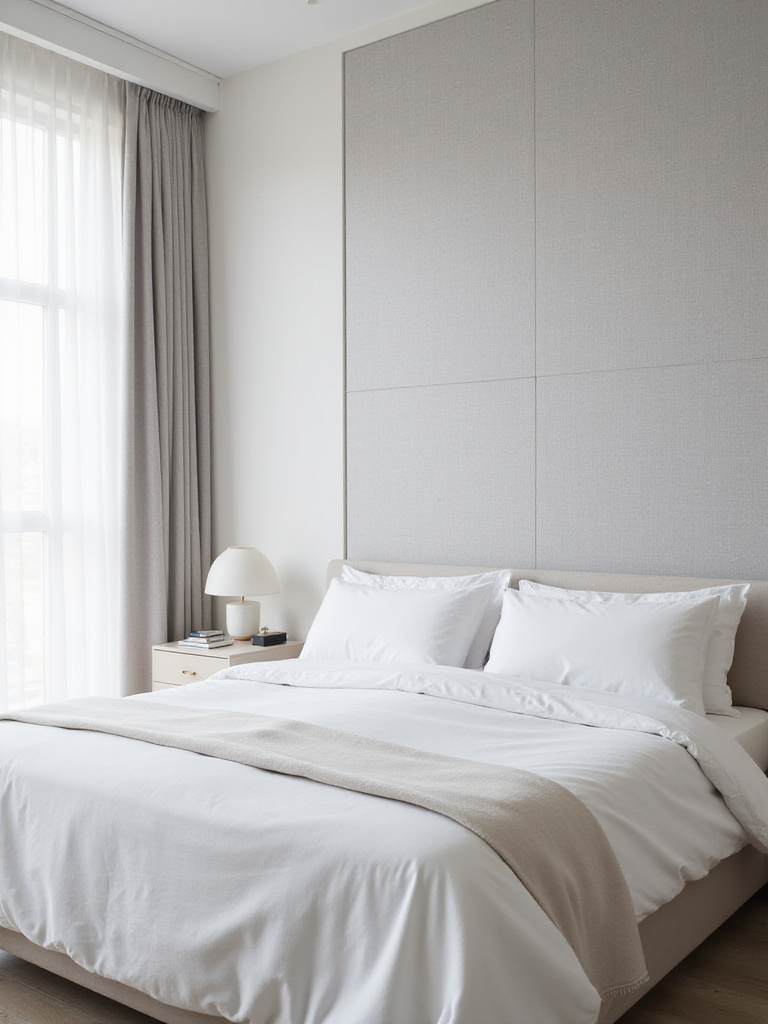 Minimalist bedroom with light gray textured wallpaper