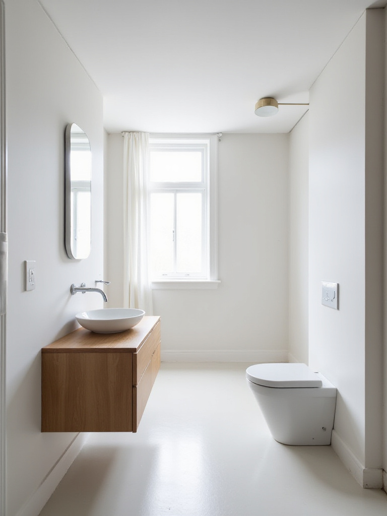 Minimalist small bathroom with floating vanity and wall-hung toilet, maximizing space.
