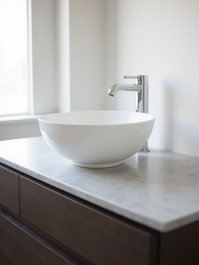 Minimalist white vessel sink on light gray quartz countertop in modern bathroom