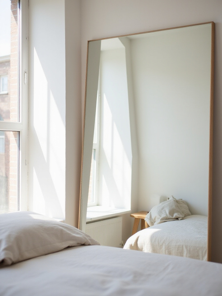Small bedroom with large mirror reflecting light and creating a spacious feel.