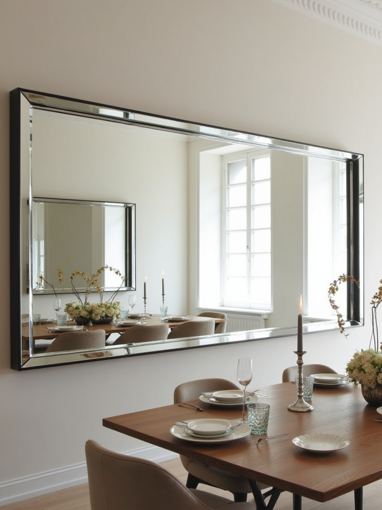 Modern dining room with large mirror creating the illusion of more space.