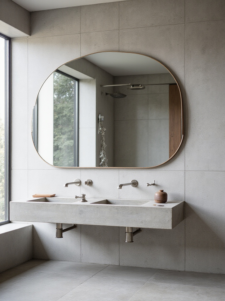 Modern bathroom with oversized, organically shaped frameless mirror above floating vanity.