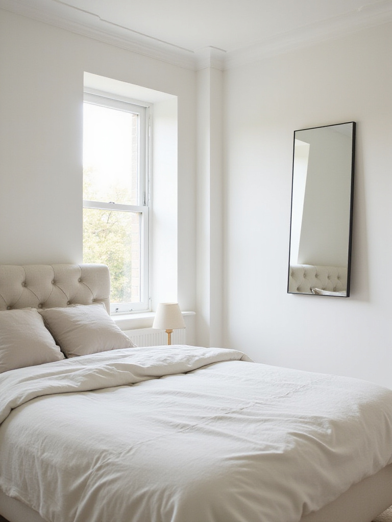 Small bedroom with a large mirror reflecting natural light and greenery, creating an illusion of more space.