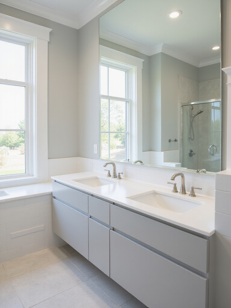 Small bathroom with a large frameless mirror above the vanity, reflecting natural light and creating a sense of spaciousness.