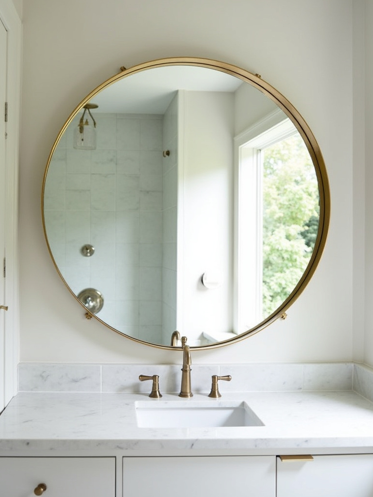Bathroom with large round statement mirror above vanity