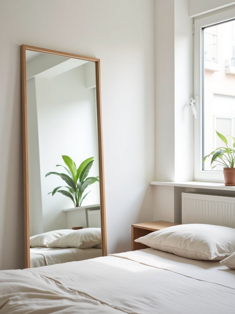 Apartment bedroom with full-length mirror creating a spacious feel