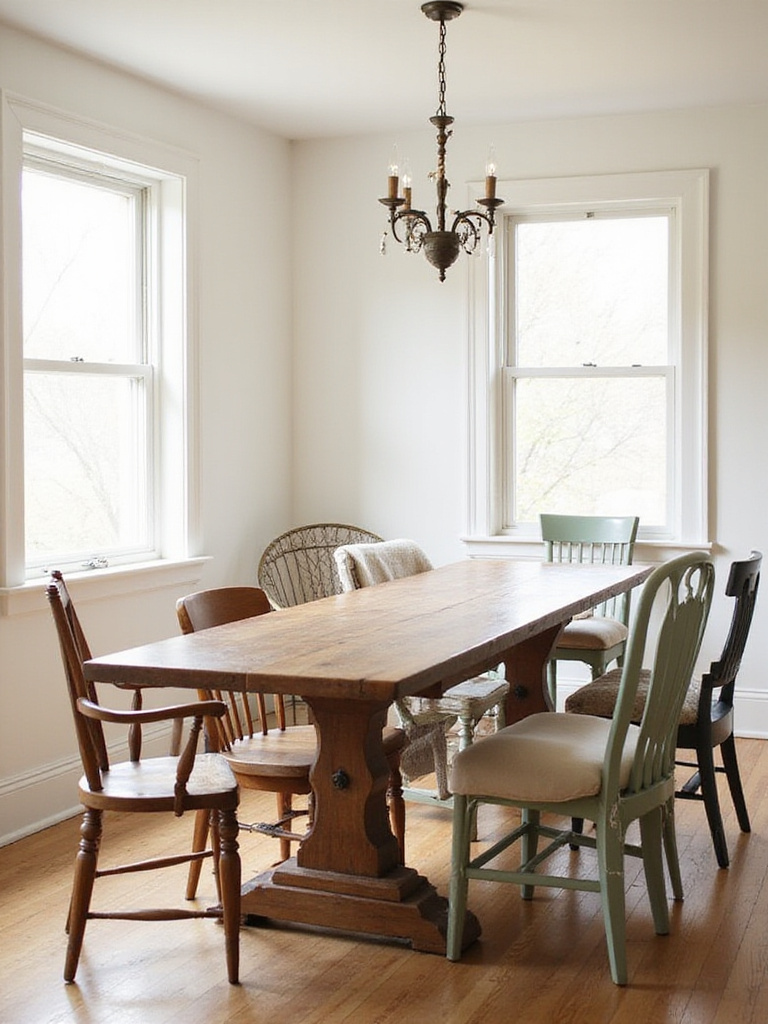 Farmhouse dining room with a reclaimed wood table surrounded by mismatched rustic chairs.