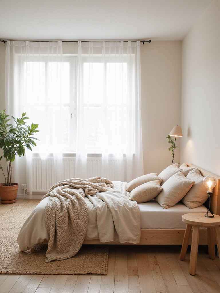 Scandinavian beige bedroom with natural light and cozy textures