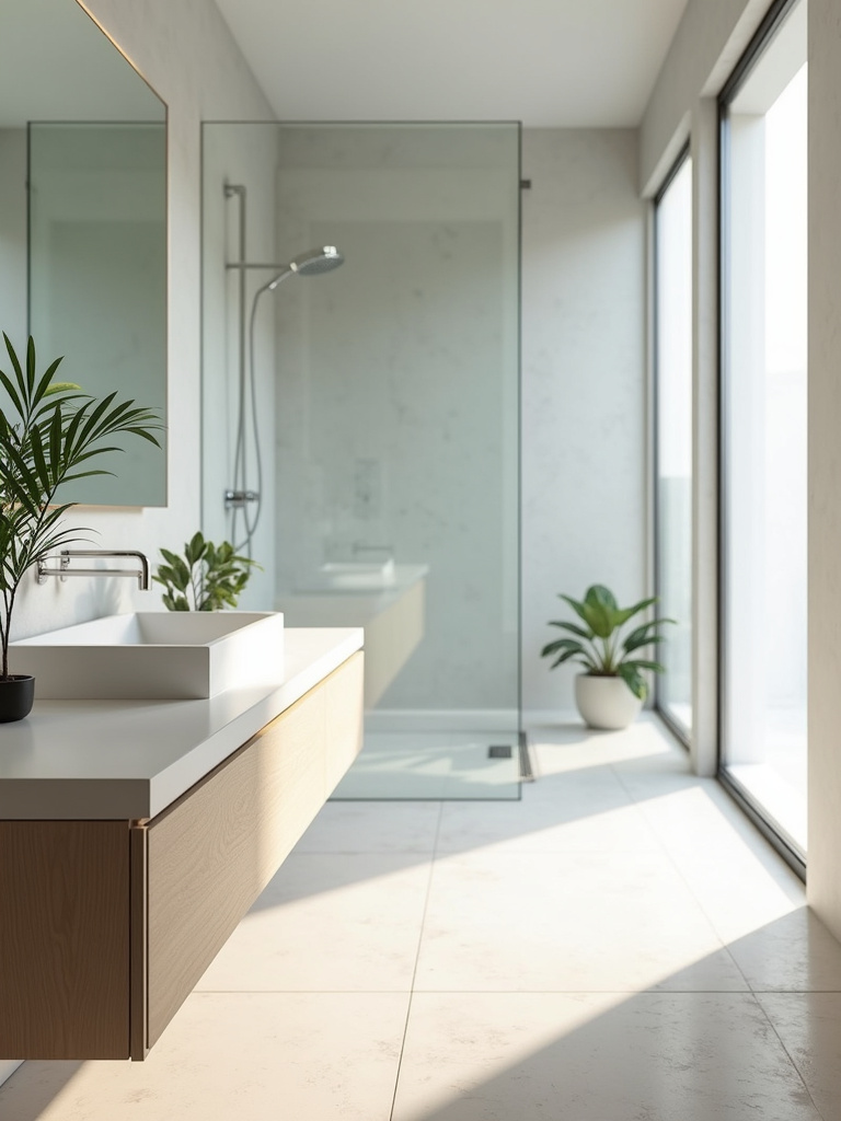Modern bathroom design with floating vanity, frameless shower, and minimalist aesthetic.