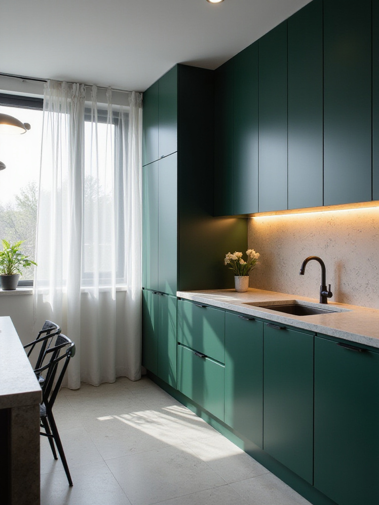 Modern kitchen with green cabinets, light quartz countertops, and LED lighting.