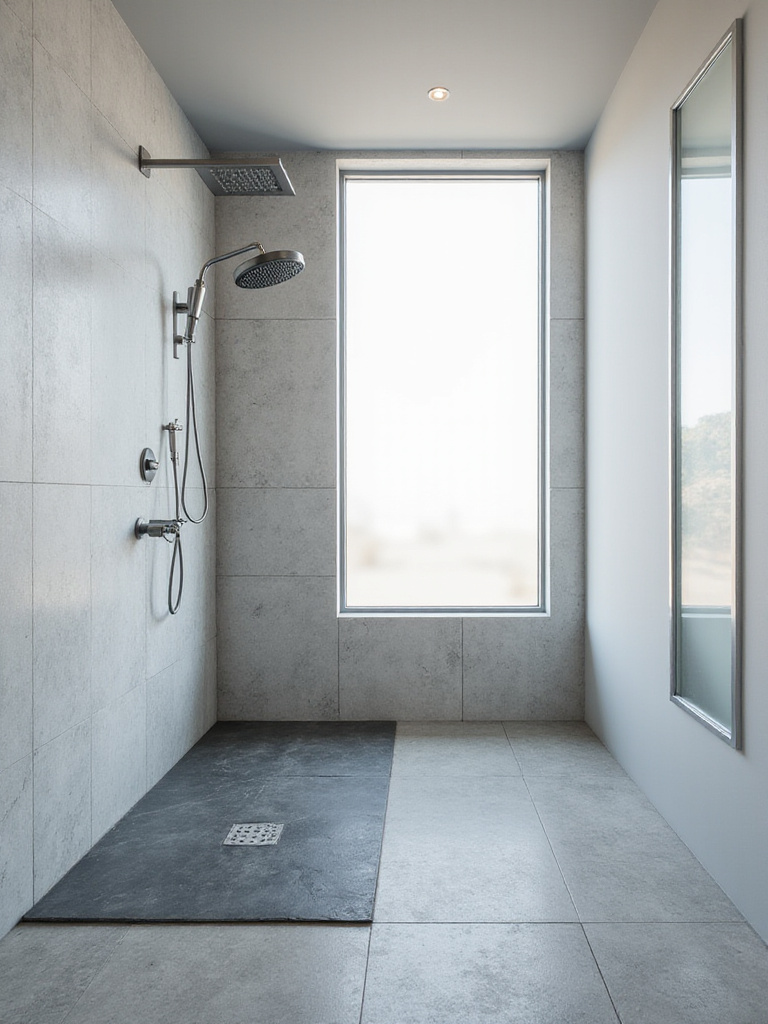 Modern minimalist bathroom with a glassless shower featuring a linear drain and seamless flooring transition.