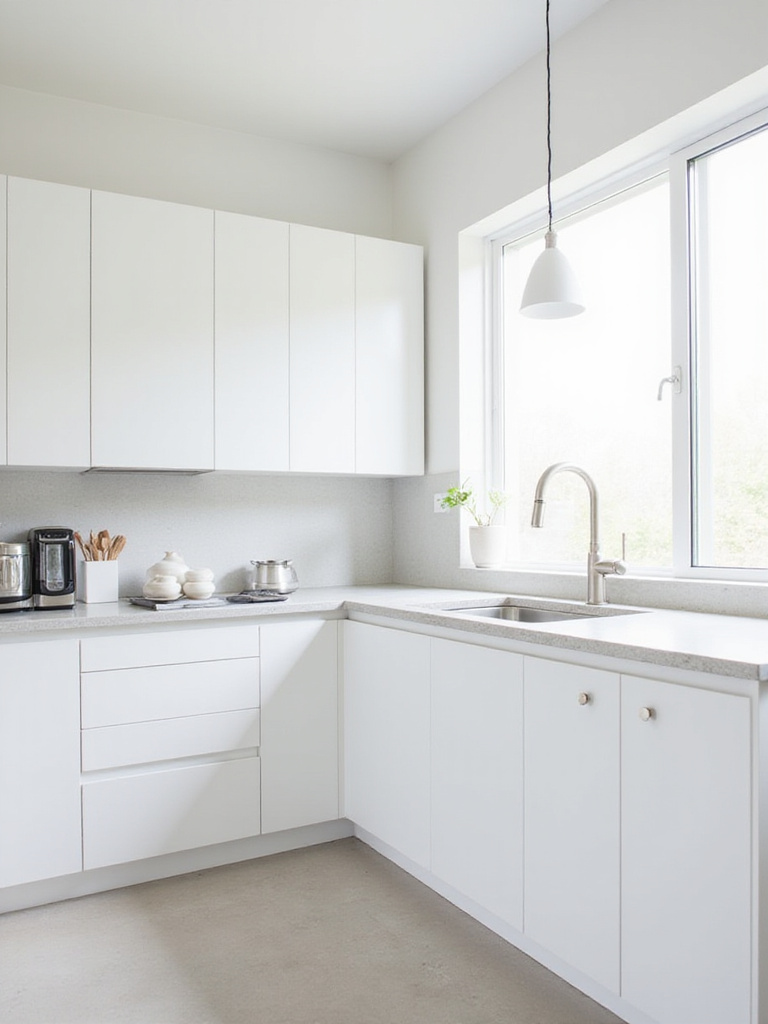 Modern minimalist white kitchen with slab-front cabinets and clean lines