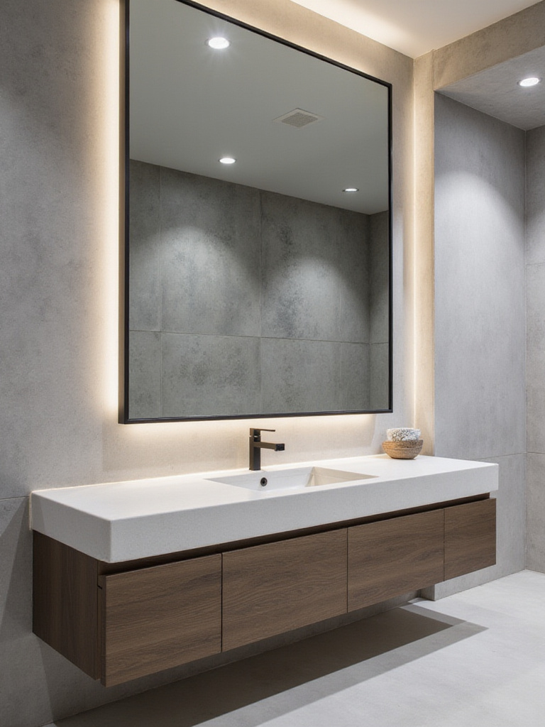 Modern bathroom with square mirror and floating vanity.