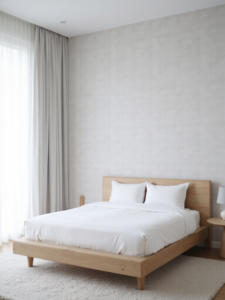 Modern bedroom with light gray textured monochrome wallpaper.