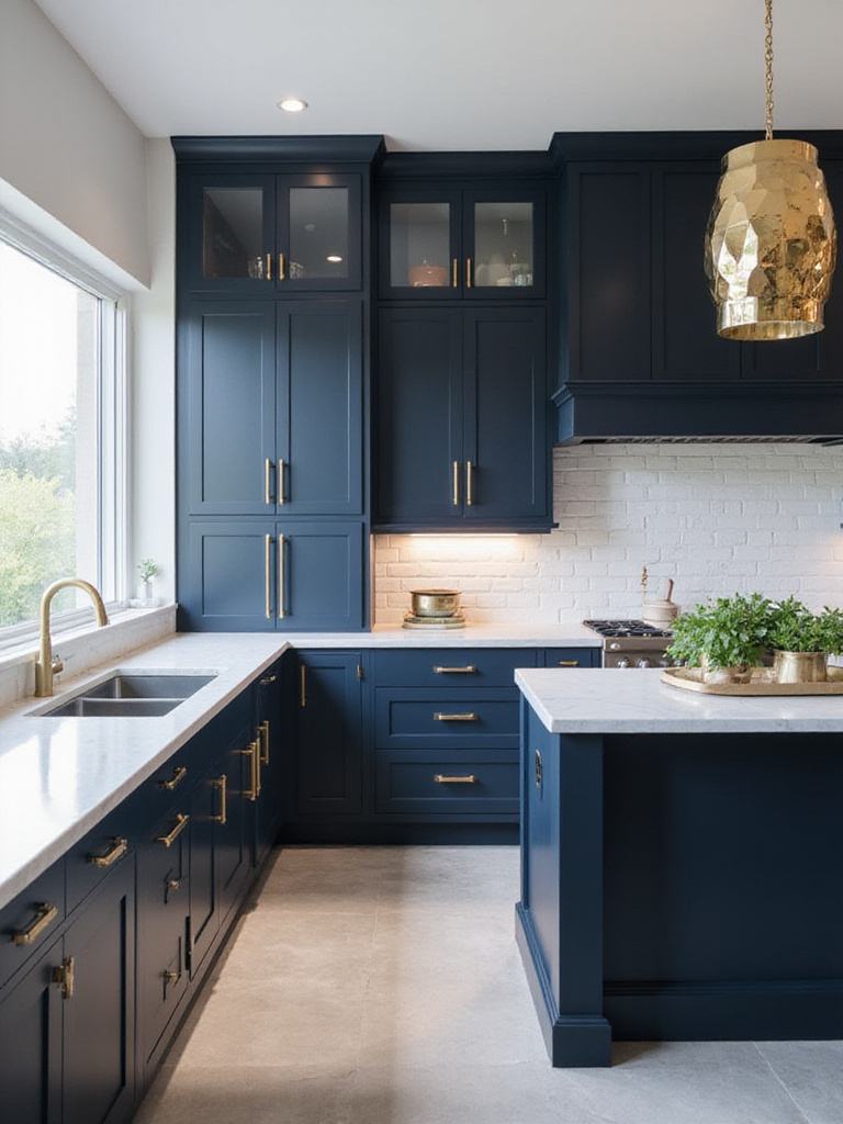 Modern kitchen with dark navy blue cabinets and white quartz countertops.