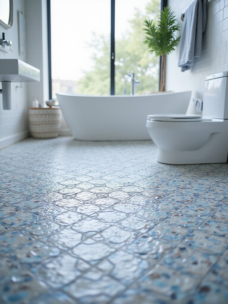 Bathroom floor featuring an intricate geometric mosaic tile design in blue, grey, and white.