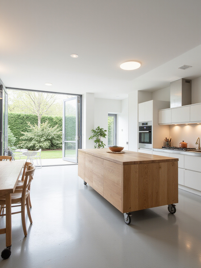 Modern kitchen with a flexible island and fold-away table, designed for multipurpose living.
