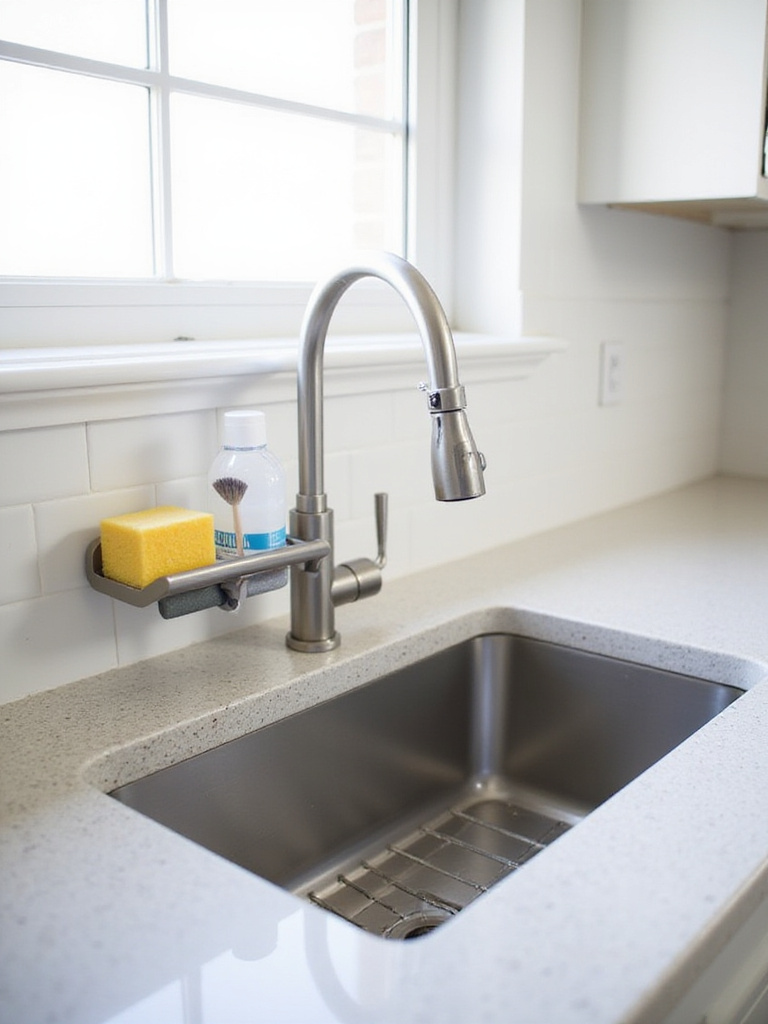 Narrow kitchen sink with space-saving organizers including a vertical caddy and magnetic sponge holder.