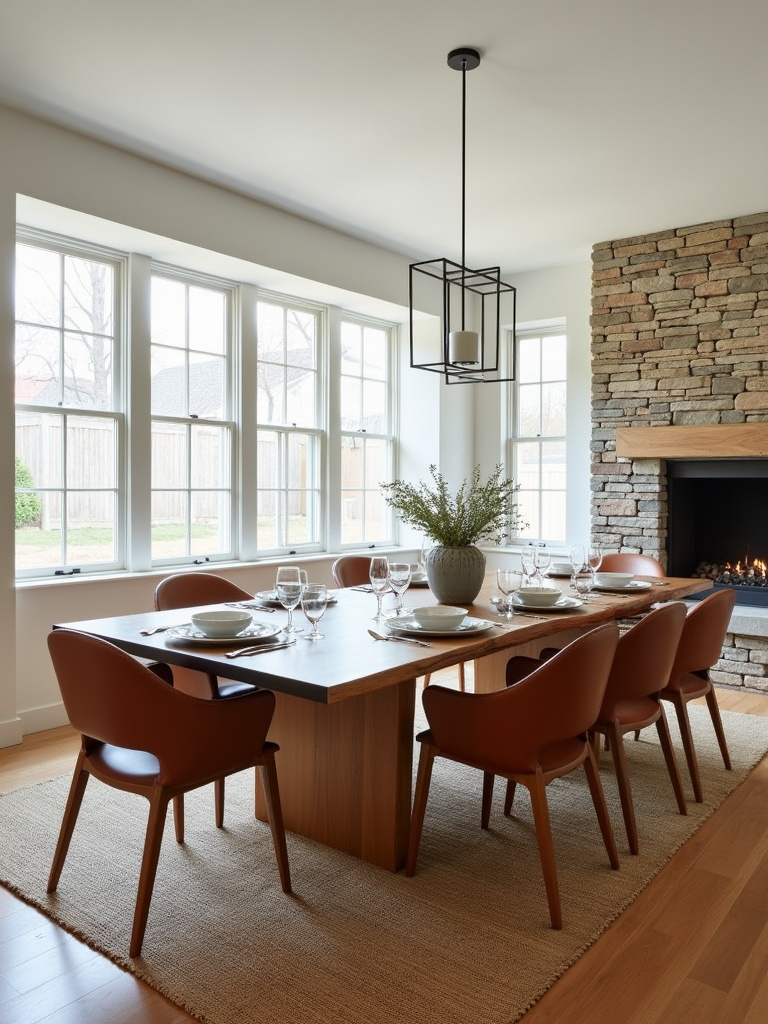 Modern dining room with live-edge wood table, leather chairs, and stone accent wall.