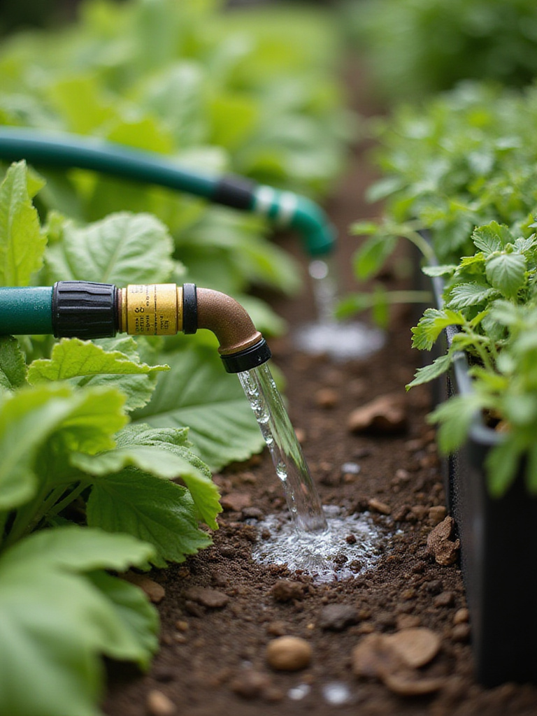 Comparison of different backyard garden irrigation methods: soaker hose, drip irrigation, and self-watering container.