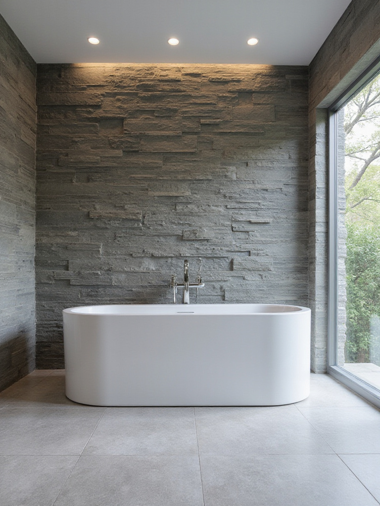 Bathroom featuring a slate accent wall and freestanding bathtub, showcasing natural stone design.