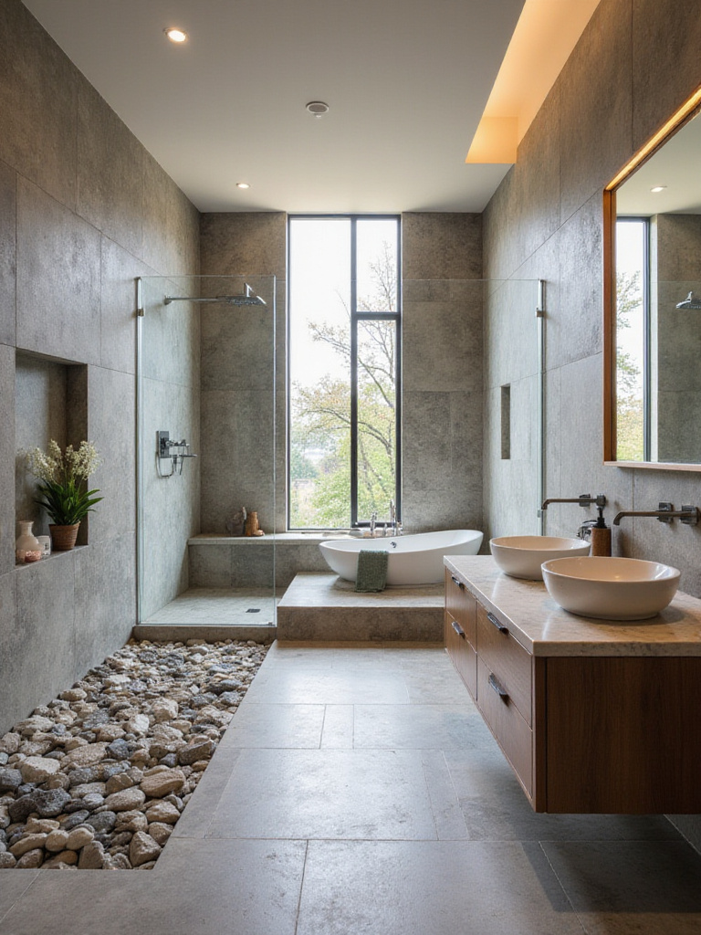 Modern bathroom with natural stone shower walls and marble vanity
