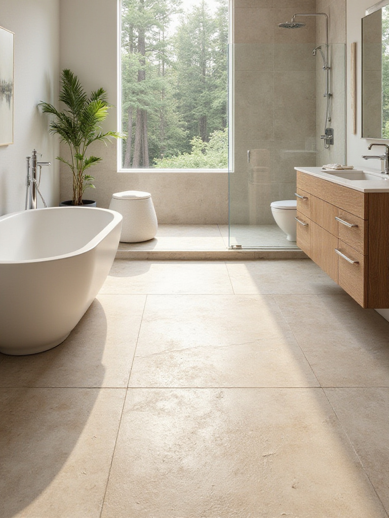 Luxury bathroom with honed travertine natural stone floor tiles.