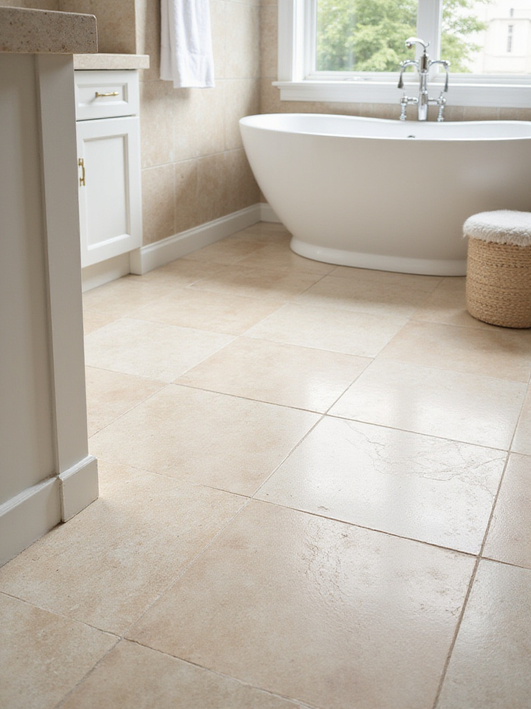 Bathroom featuring light beige travertine natural stone tile flooring