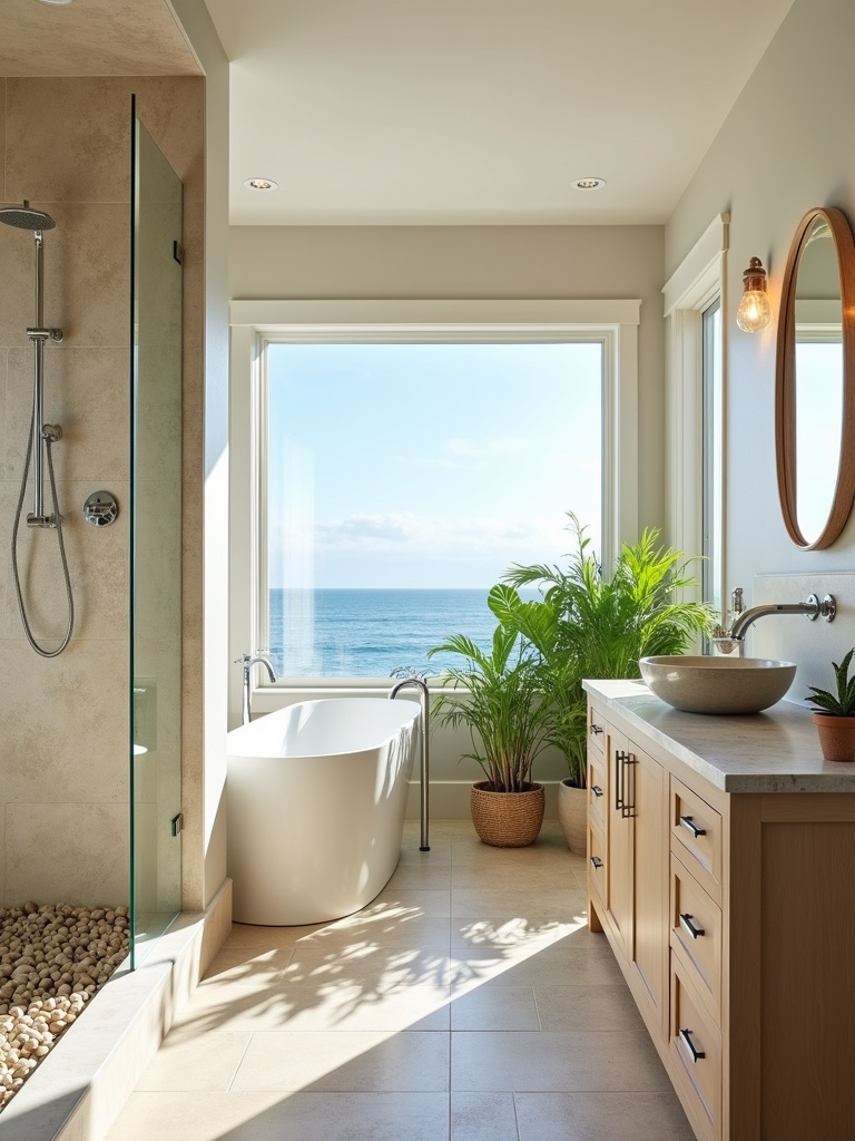Coastal bathroom with travertine shower and limestone vanity countertop