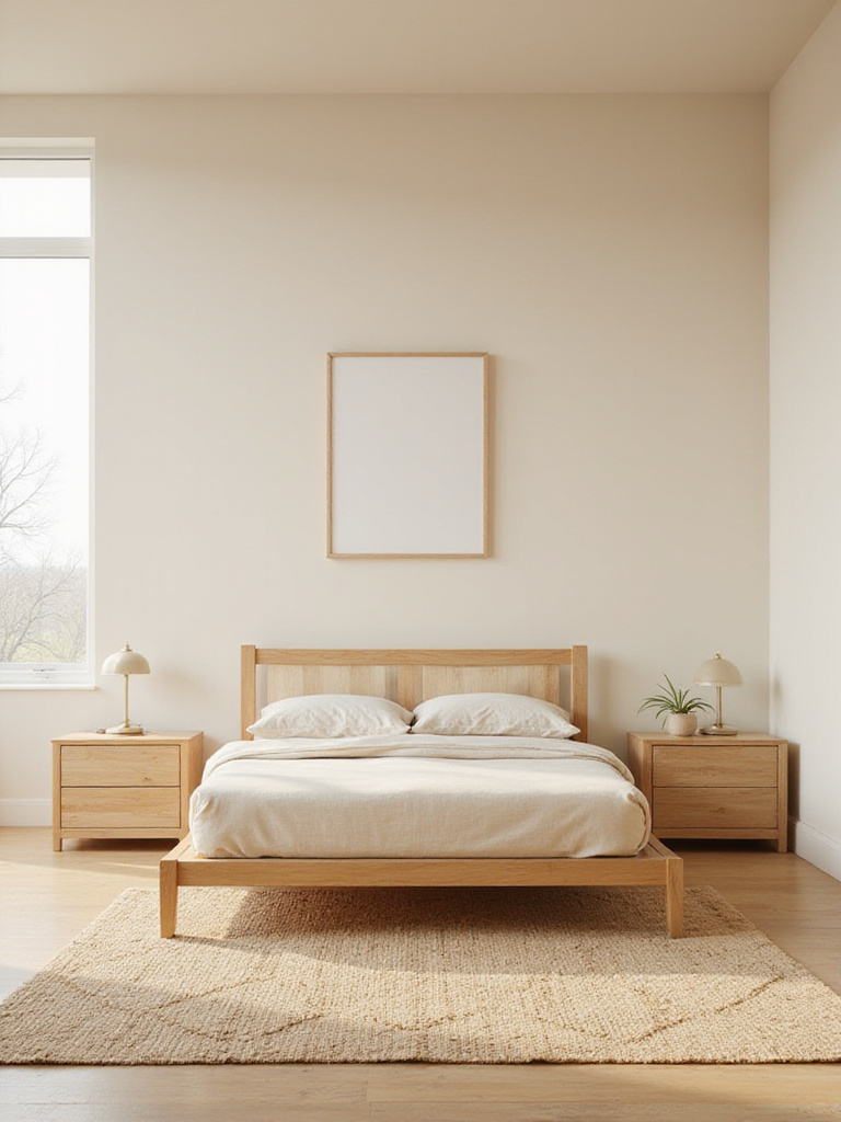 Beige bedroom with light oak wood furniture creating a warm and inviting atmosphere.