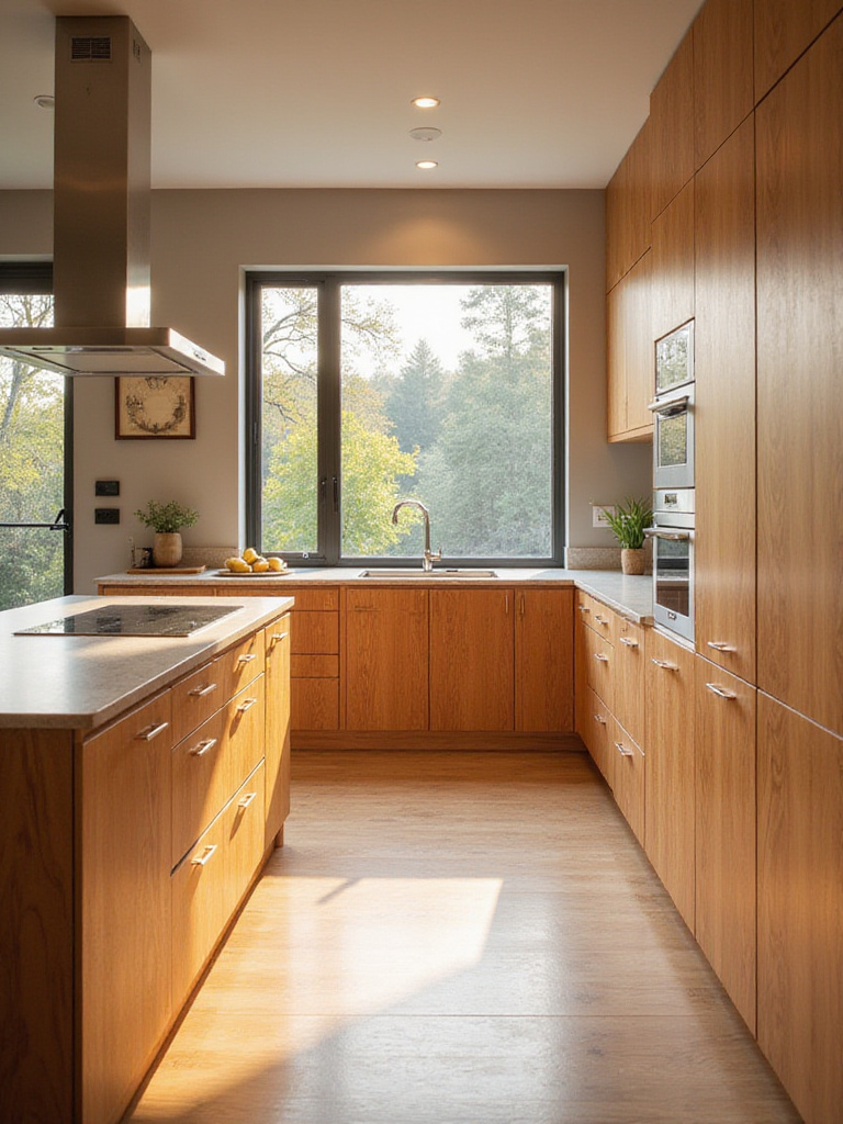 Modern kitchen with natural wood cabinets and light stone countertops.