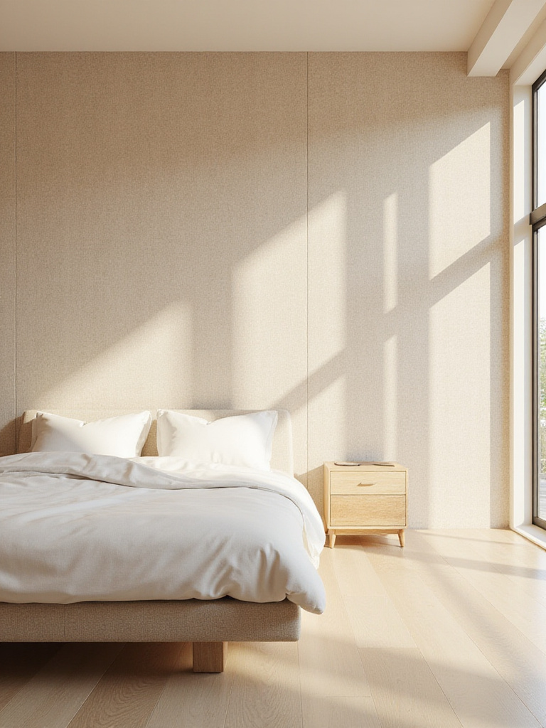 Modern bedroom with beige grasscloth wallpaper accent wall