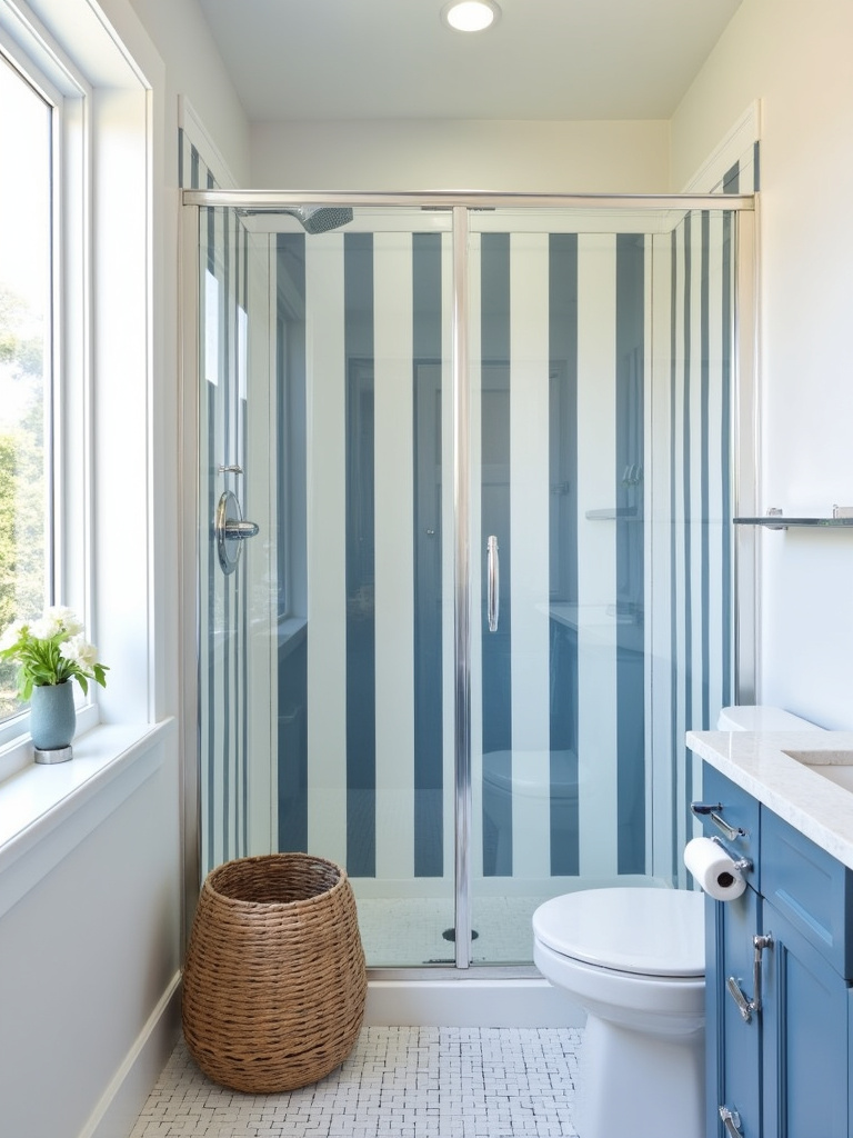 Nautical stripe tiles in a coastal bathroom shower stall