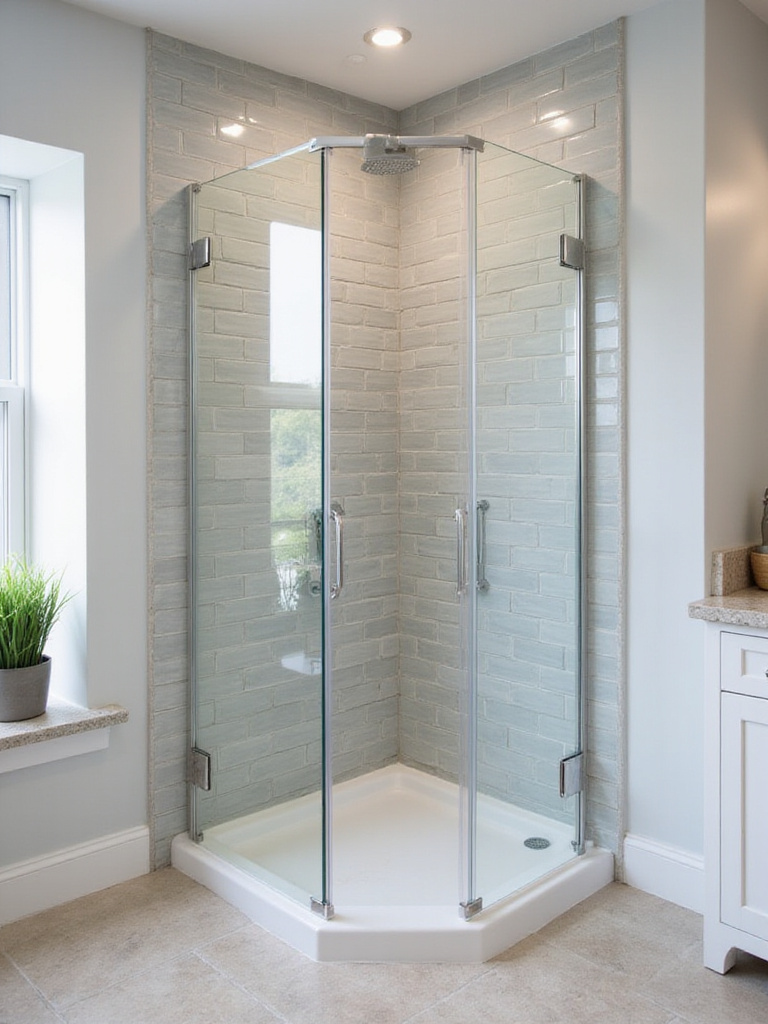 Modern bathroom with a space-saving neo-angle shower enclosure in the corner.
