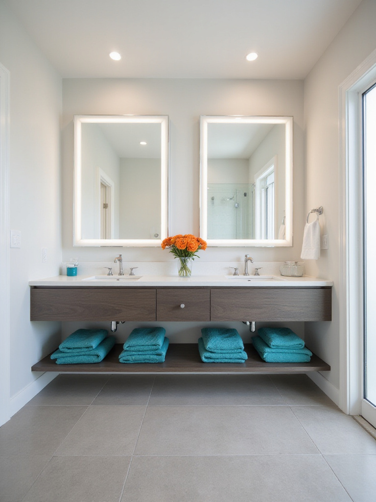 Modern bathroom with neutral color palette and teal and orange accents.