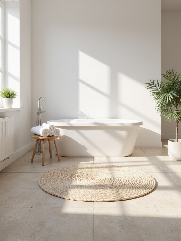 Neutral beige bathroom floor with large porcelain tiles and woven bath mat, creating a spa-like atmosphere.