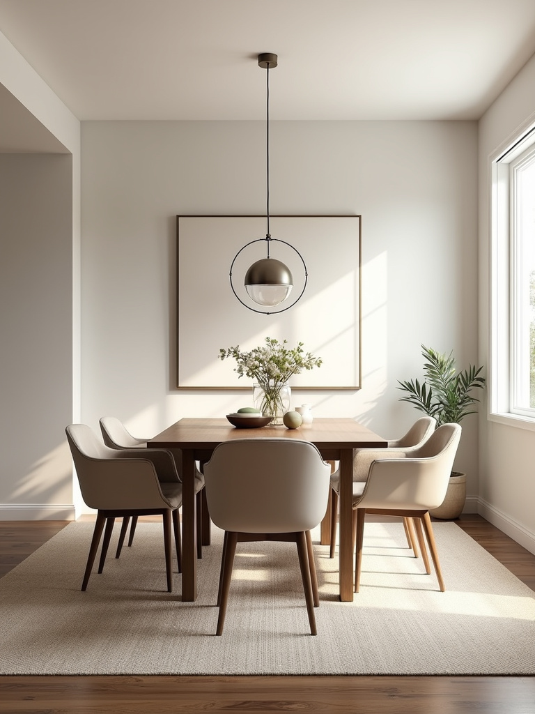 Modern dining room with a sophisticated neutral color palette featuring layered textures and subtle variations in shade.