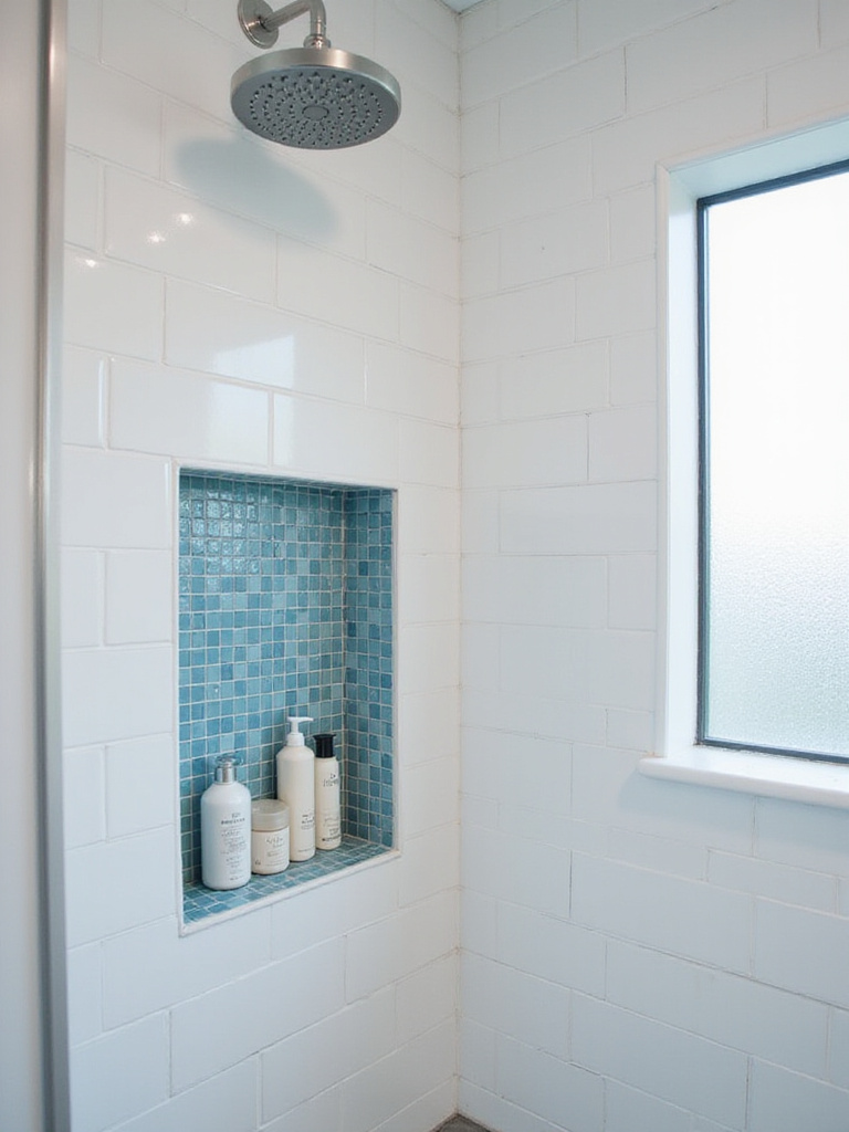 Modern shower with recessed niche storage tiled in blue mosaic.