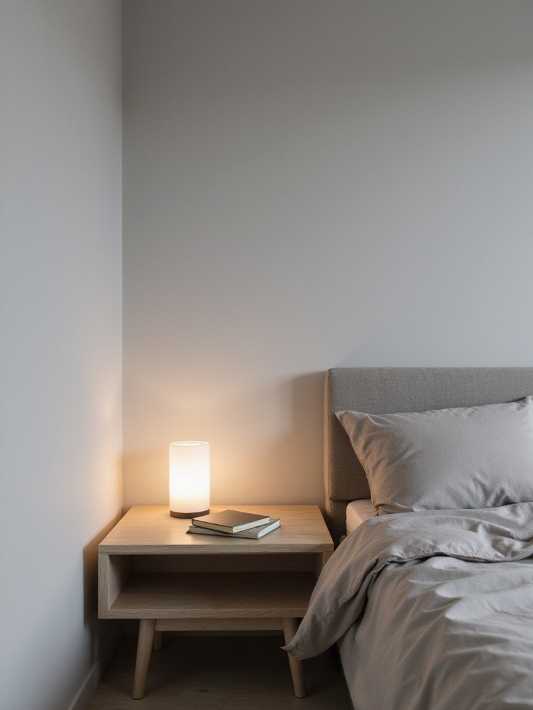 Minimalist nightstand with lamp and book in a small bedroom.
