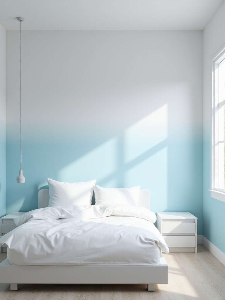 Modern bedroom with light blue to white ombre wallpaper feature wall.