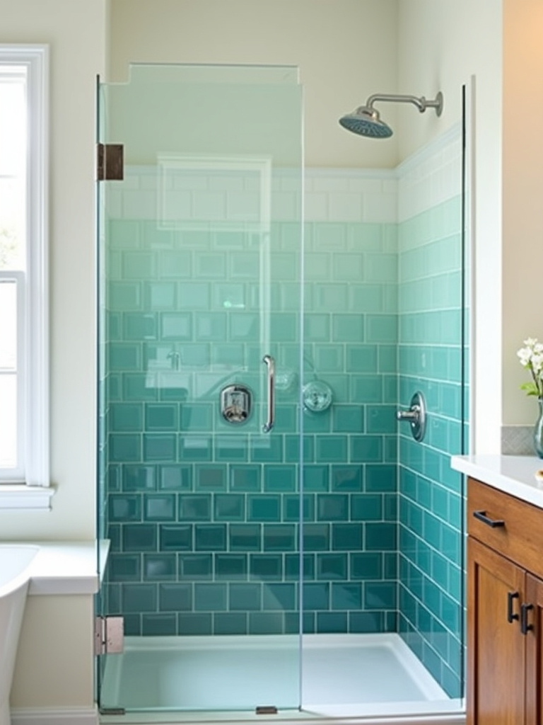 Coastal bathroom with stunning ombre tile shower wall transitioning from teal to seafoam green.