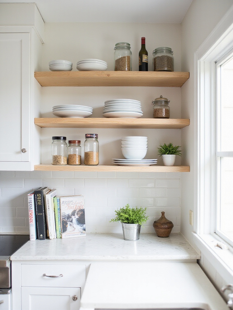 Modern kitchen with stylishly arranged open shelving displaying dishes, spices, and cookbooks.