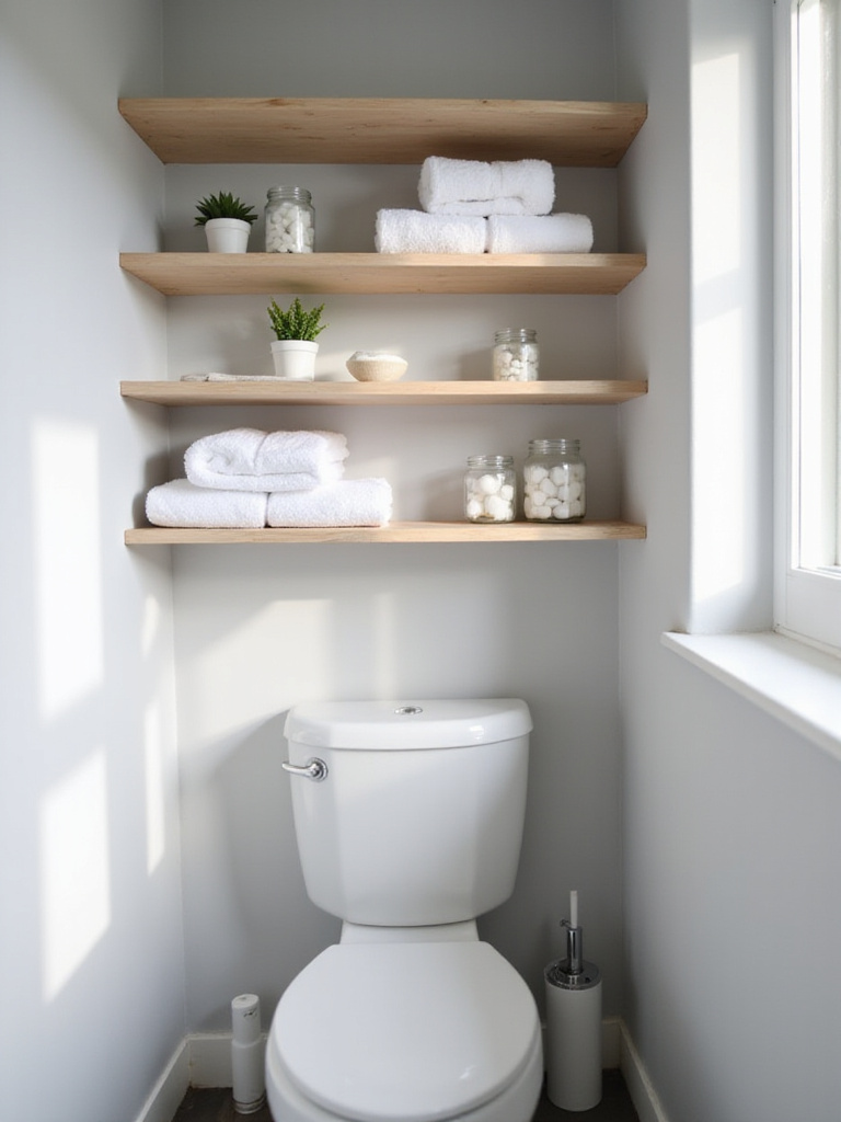 Small bathroom with light wood floating shelves above toilet showcasing rolled towels and succulents, maximizing space and style.