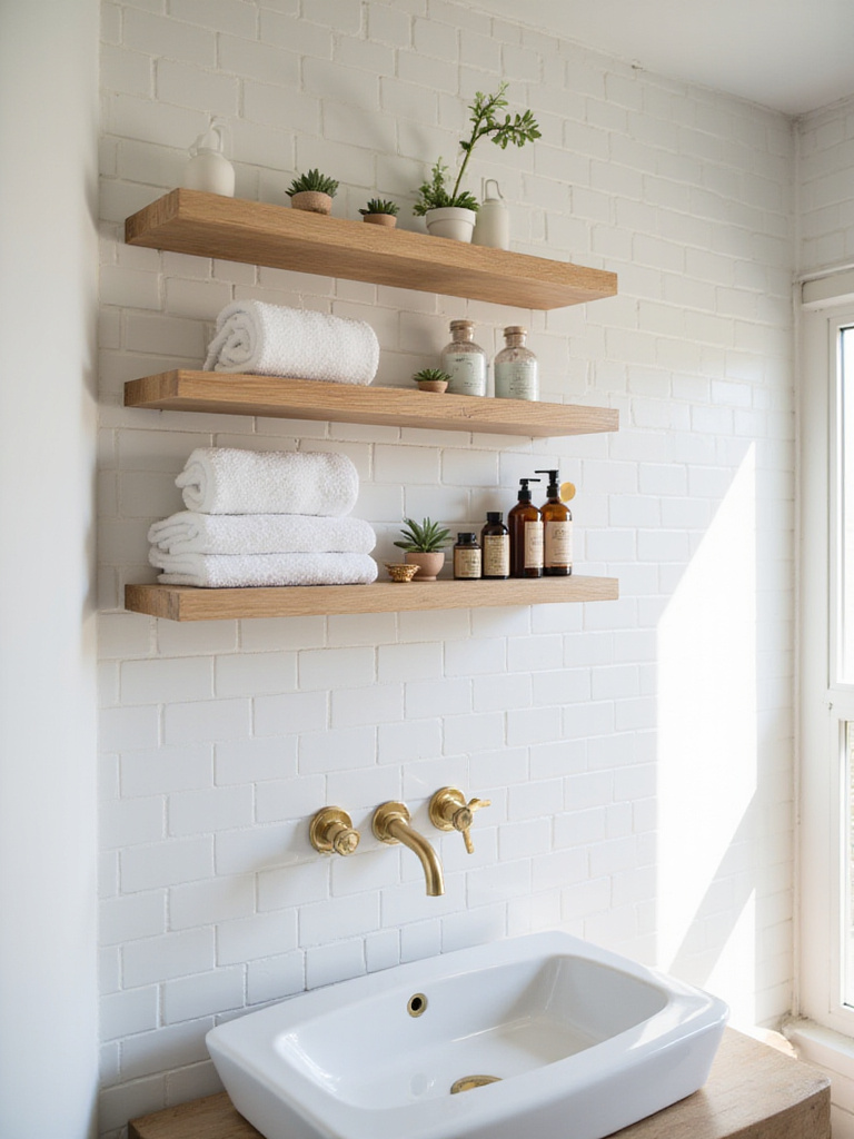Modern bathroom with light oak open shelves displaying towels and bath accessories