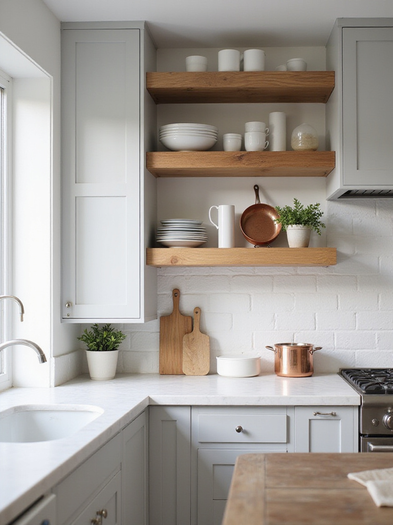 Close-up of stylish open shelving in a modern kitchen.